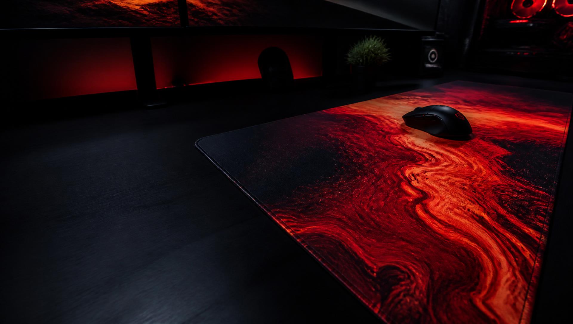 CursorCulture custom XXL deskmat with red liquid abstract print on a dark gaming desk