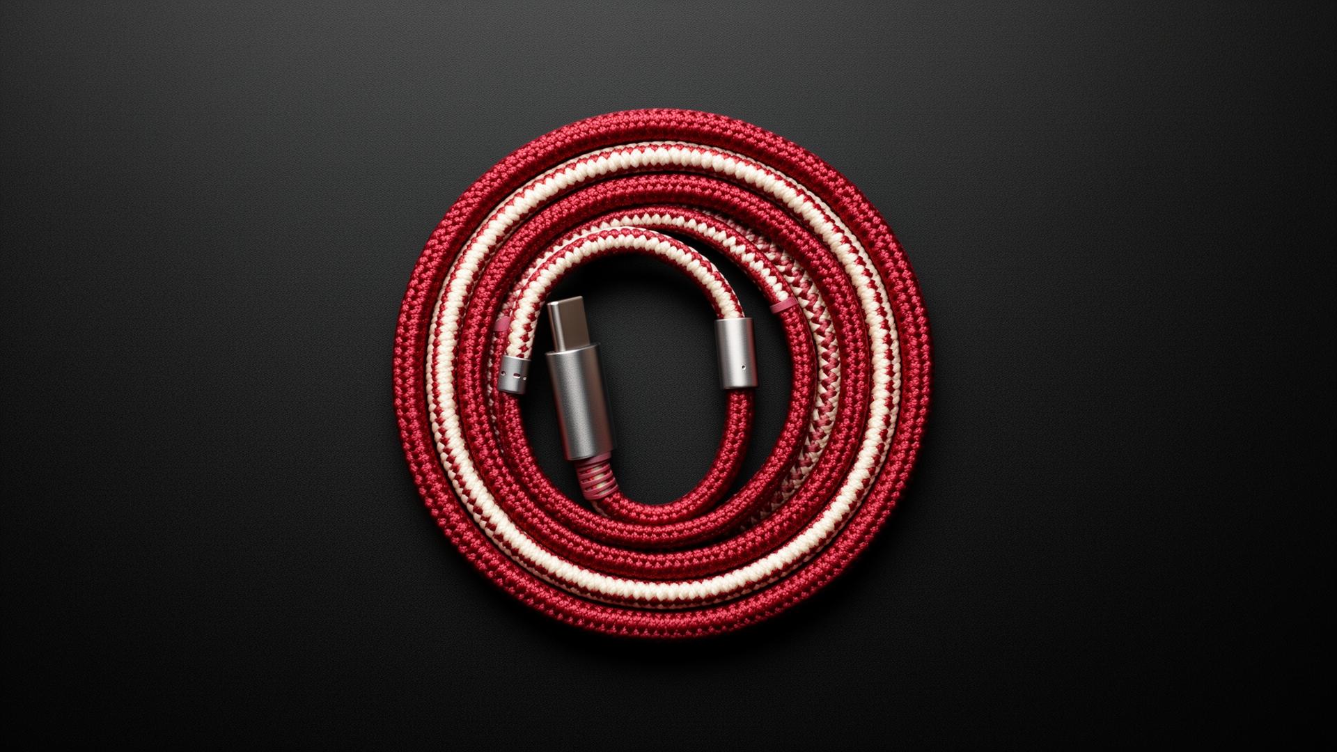 Coiled hand-braided aviator USB-C cable in red and cream paracord