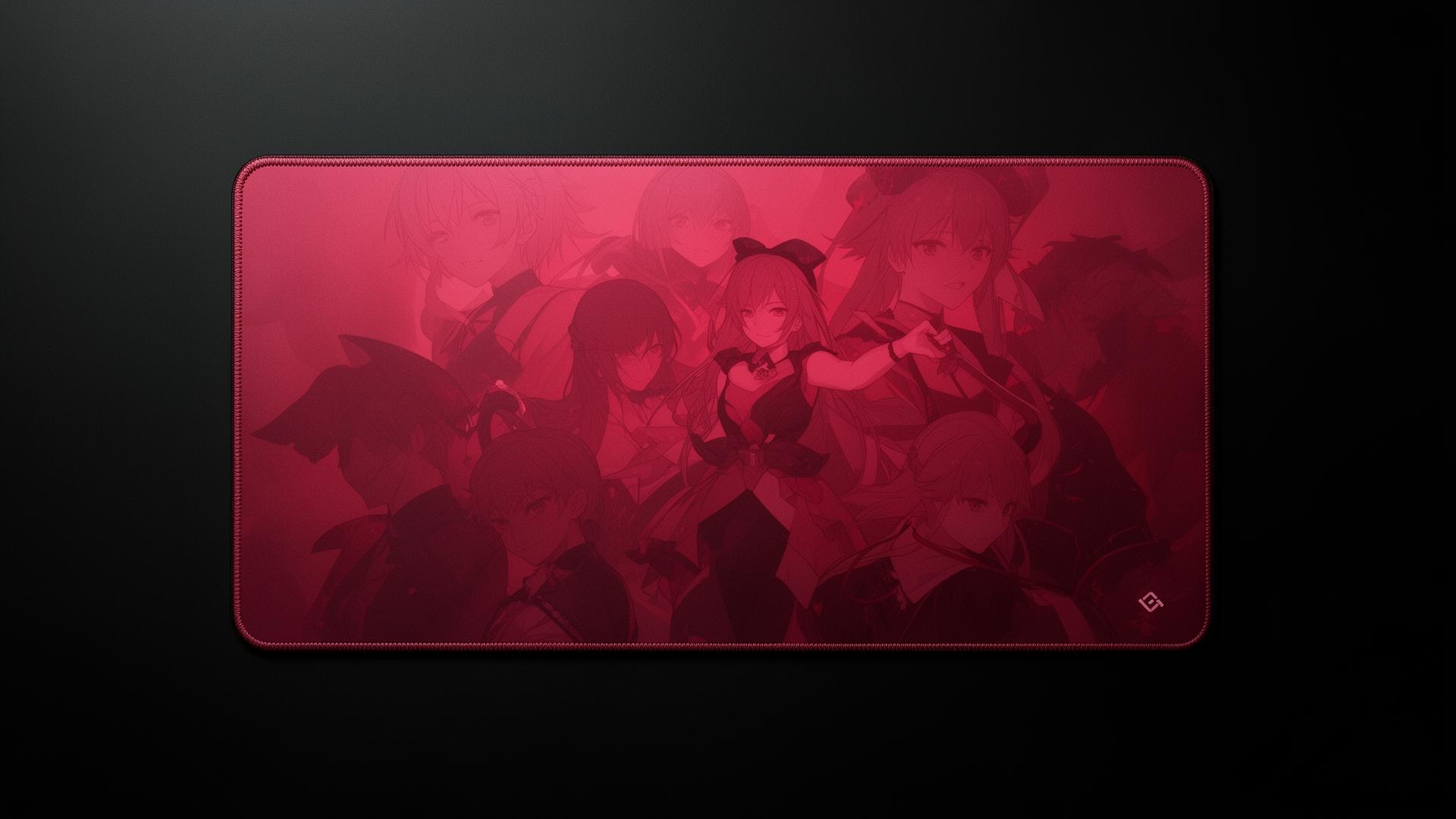 Custom XXL anime deskmat with stitched edges on matte black surface