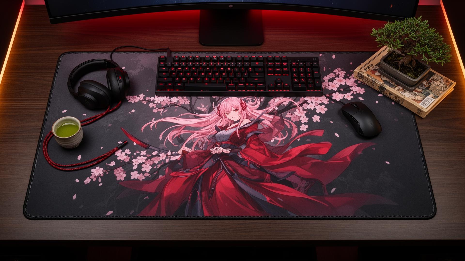 Cover setup — Crimson Petal custom XXL deskmat by @kira.builds